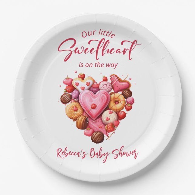 A Little Sweetheart Red Sweet Heart Baby Shower  Paper Plates (Front)