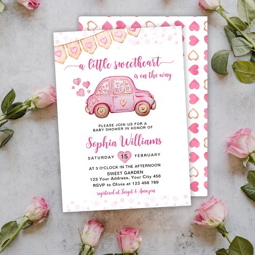 A Little Sweetheart Valentine Pink Car Baby Shower Invitation
