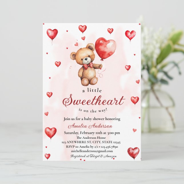A Little Sweetheart Watercolor Teddy Baby Shower Invitation (Standing Front)