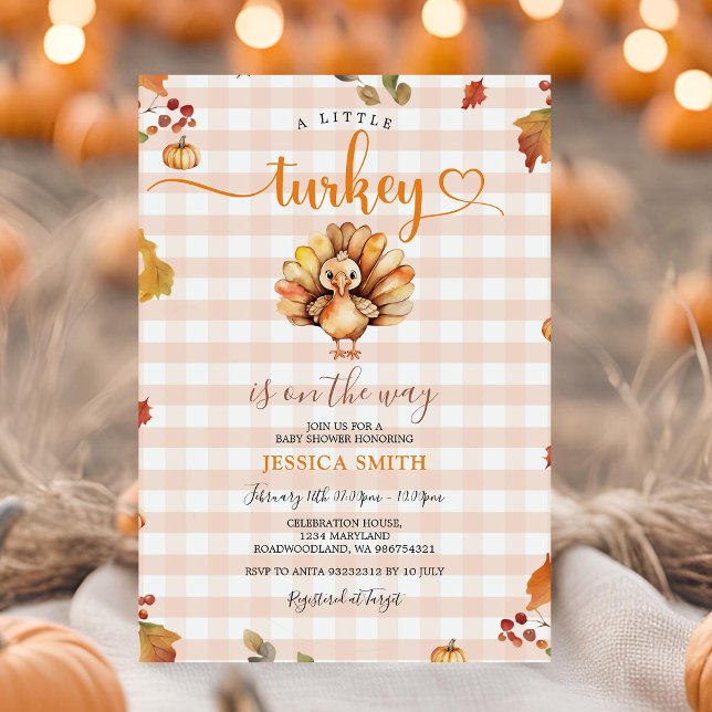 A Little Turkey Orange Gingham Autumn Baby Shower Invitation (Creator Uploaded)