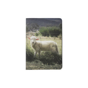 a little white lamb behind a fence in a field passport holder