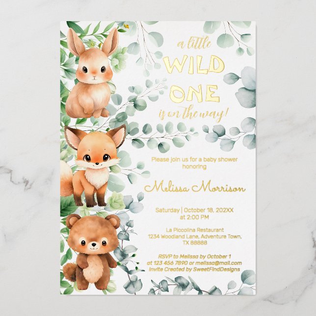 A little Wild One Baby Animals Baby Shower Foil Invitation (Front)