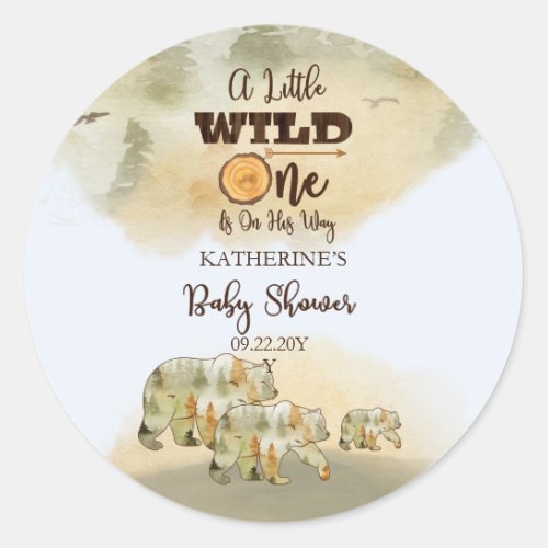 A Little Wild One Bears Woodland Baby Shower Classic Round Sticker