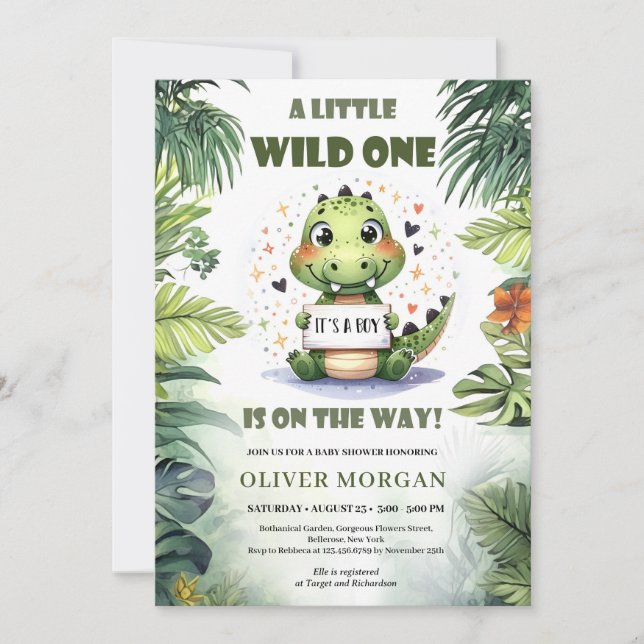 A little wild one crocodile is on the way boy invitation (Front)