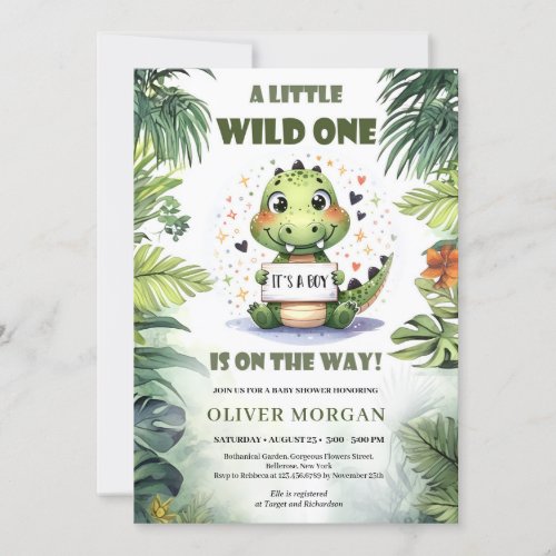 A little wild one crocodile is on the way boy invitation