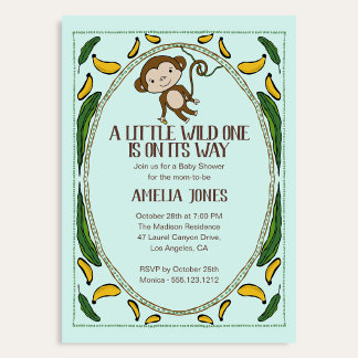 A Little Wild One Cute Monkey Banana Baby Shower Invitation