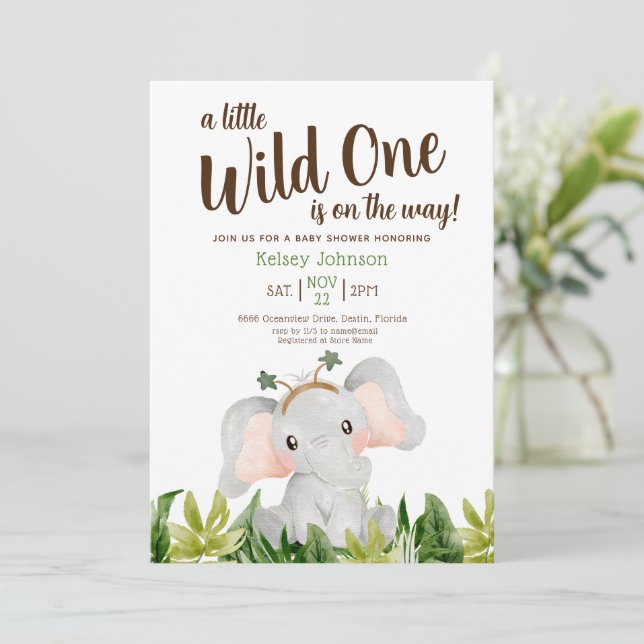 A Little Wild One Elephant Greenery Baby Shower  Invitation (Standing Front)