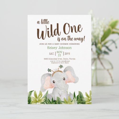 A Little Wild One Elephant Greenery Baby Shower  Invitation