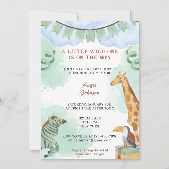 A Little Wild One Is On The Way Green Baby Shower  Invitation (Front)