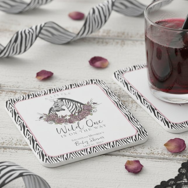 A Little Wild One Mommy and Baby Zebra Square Paper Coaster (Cute Soft Gothic Zebra and Roses Little Wild One Coasters for Wild One Baby Shower for Mother to Be)