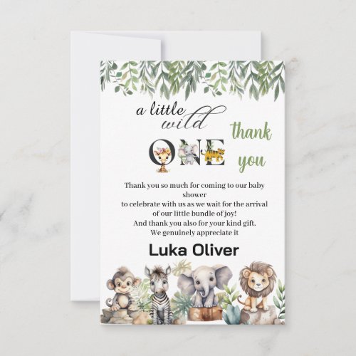 a little wild one safari animals baby shower thank you card