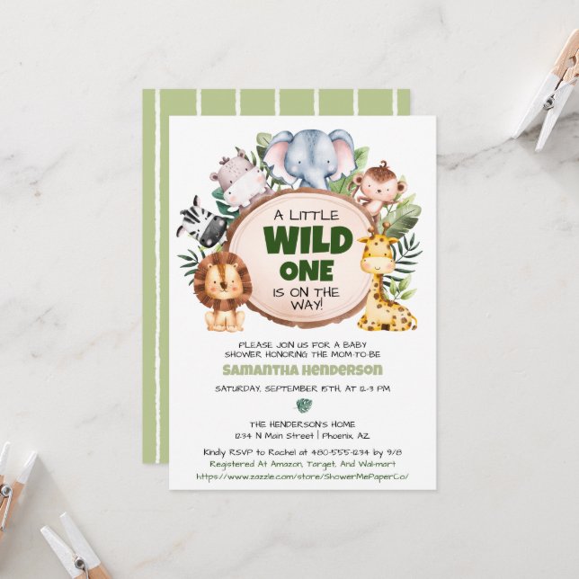 A Little Wild One Safari Baby Shower Invitation (Front/Back In Situ)
