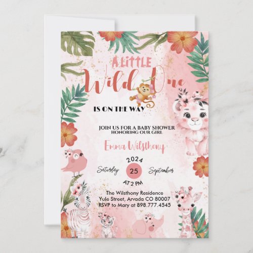 a little wild one safari girl pink baby shower  invitation