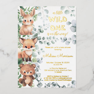 A little Wild One Woodland Baby Boy Shower Foil Invitation