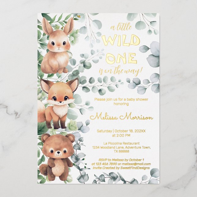 A little Wild One Woodland Baby Boy Shower Foil Invitation (Front)