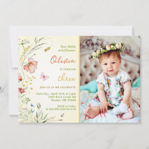 A Little Wildflower Baby Girl Kids Birthday Photo Invitation