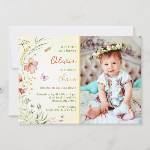 A Little Wildflower Baby Girl Kids Birthday Photo Invitation