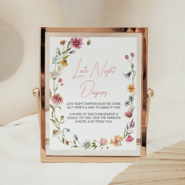 A Little Wildflower Baby Shower Late Night Diapers Poster (Wildflower is on the way Baby Shower Late Night Diapers Sign)