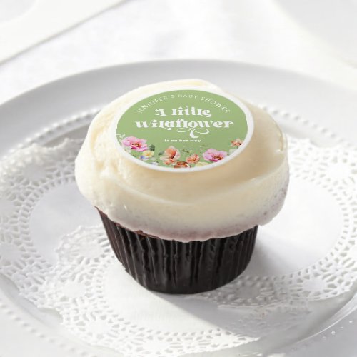 A little wildflower baby shower sage green edible frosting rounds