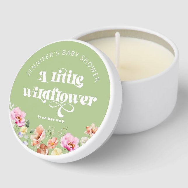 A little wildflower baby shower sage green mini candle favors (Corner)
