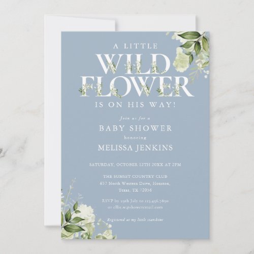 A Little Wildflower  Blue Greenery Boy Baby Shower Invitation