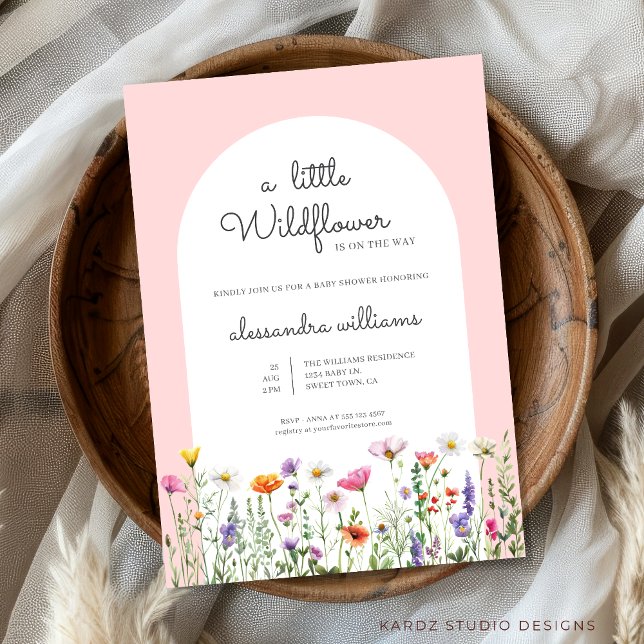 A Little Wildflower Floral Pink Baby Shower Invitation (A little wildflower is on the way baby shower invitation, personalize easily this template online.)