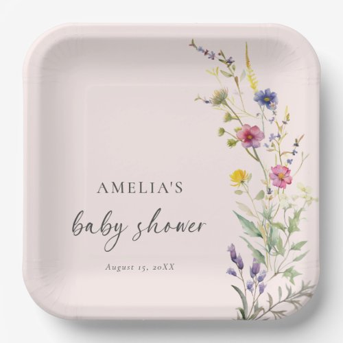 A Little Wildflower Floral Pink Baby Shower Paper Plates
