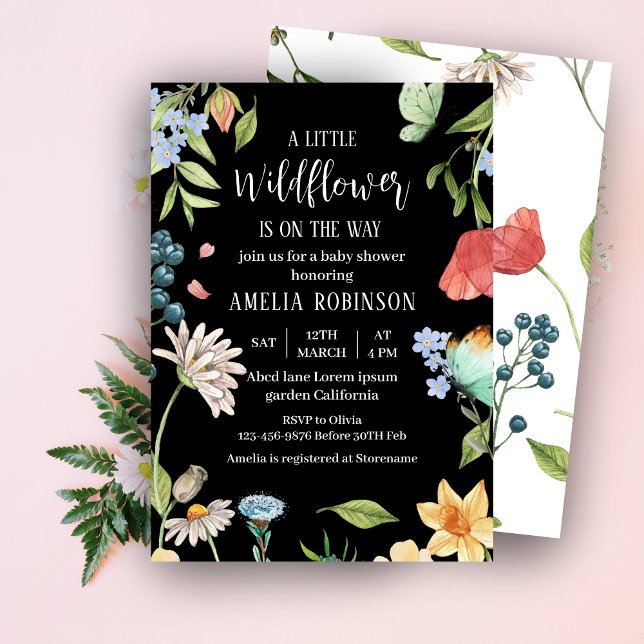 A Little Wildflower Girl Baby Shower Black Invitation (Creator Uploaded)