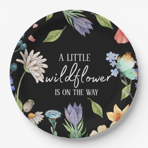 A Little Wildflower Girl Baby Shower Black Paper Plates