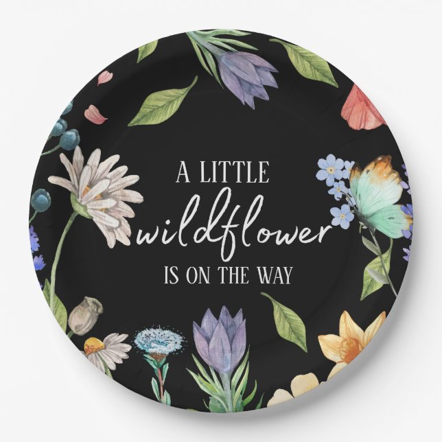 A Little Wildflower Girl Baby Shower Black Paper Plates (Front)