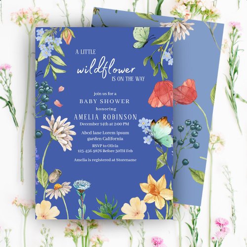 A Little Wildflower Girl Baby Shower Blue Invitation