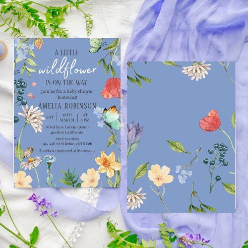 A Little Wildflower Girl Baby Shower Blue Invitation