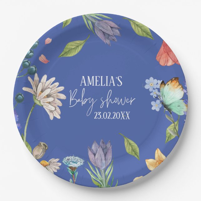 A Little Wildflower Girl Baby Shower Blue Paper Plates (Front)