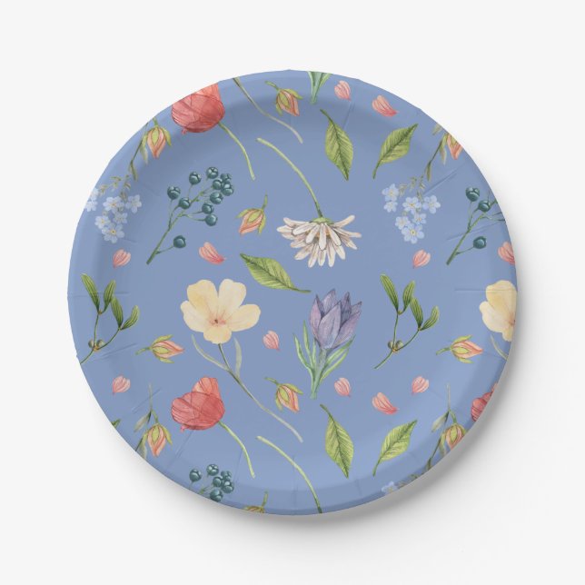 A Little Wildflower Girl Baby Shower Blue Paper Plates (Front)