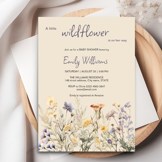 A little wildflower girl baby shower invitation (A little wildflower elegant rustic boho watercolor baby shower invitation, baby in bloom)
