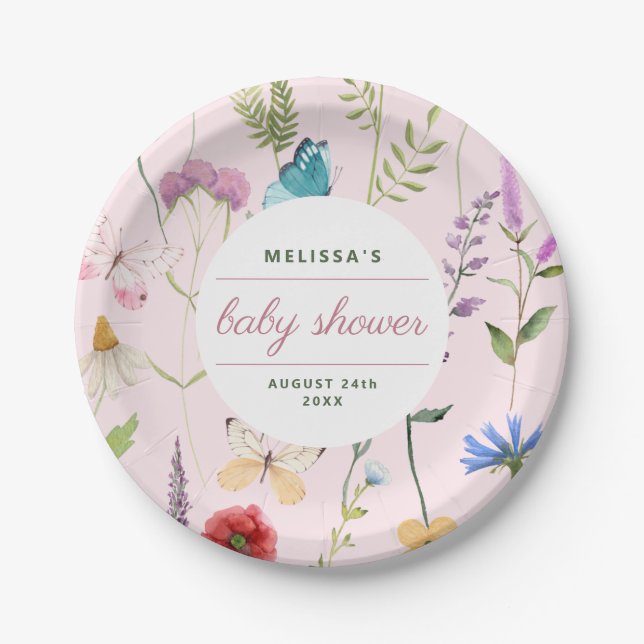 A Little Wildflower Girl Baby Shower Invitation Paper Plates (Front)