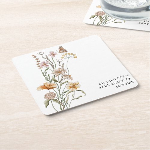 A Little Wildflower Girl Baby Shower Square Paper Coaster