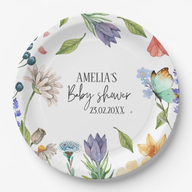 A Little Wildflower Girl Baby Shower White Paper Plates (Front)