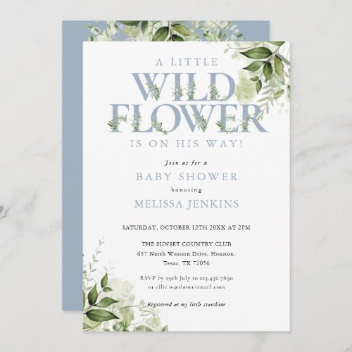 A Little Wildflower Greenery Blue Boy Baby Shower Invitation