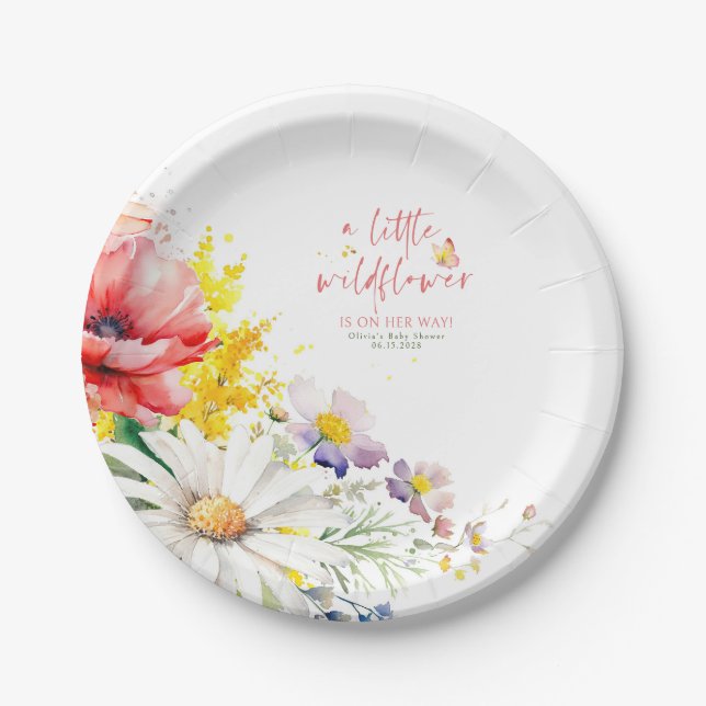 A Little Wildflower Is On Her Way Cute Baby Shower Paper Plates (Front)