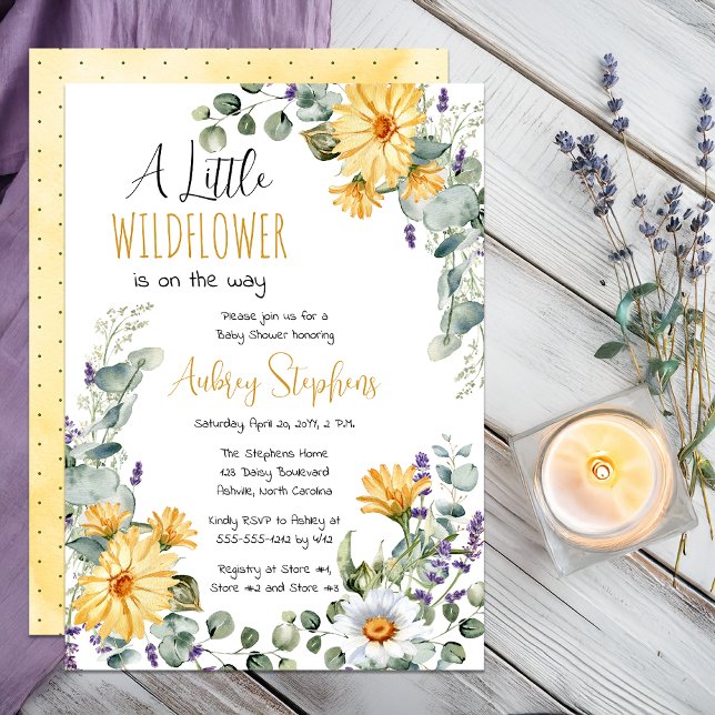 A Little Wildflower Is On The Way Baby Shower Invitation (A Little Wildflower Is On The Way Daisies Eucalyptus and Lavender Floral Baby Shower Invitation)