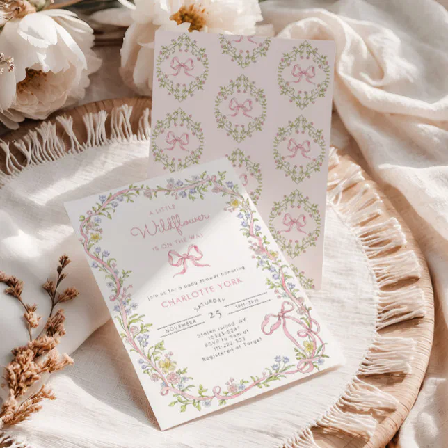 A Little Wildflower pink Bow frame Baby Shower Invitation | Zazzle