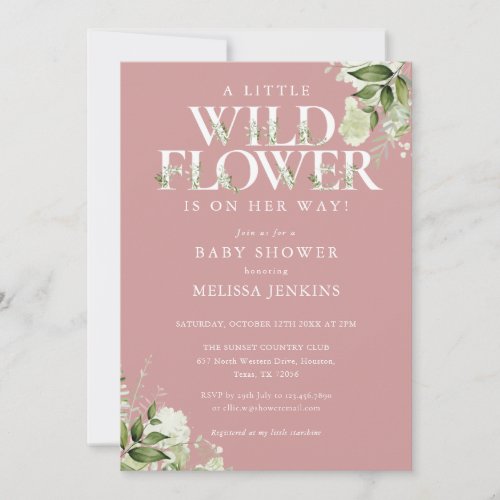 A Little Wildflower Pink Greenery Girl Baby Shower Invitation
