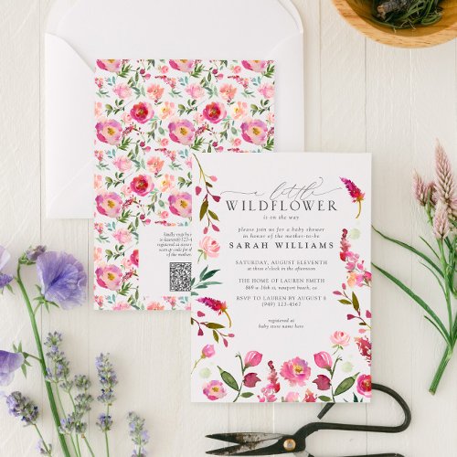 A Little Wildflower QR Code Pink Watercolor Shower Invitation