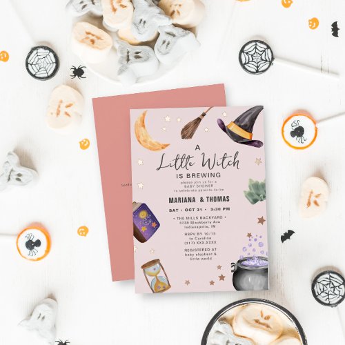 A Little Witch Brewing Girl Halloween Baby Shower Foil Invitation