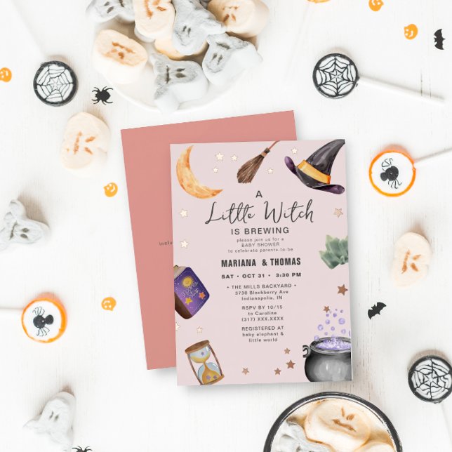 A Little Witch Brewing Girl Halloween Baby Shower Foil Invitation (Creator Uploaded)