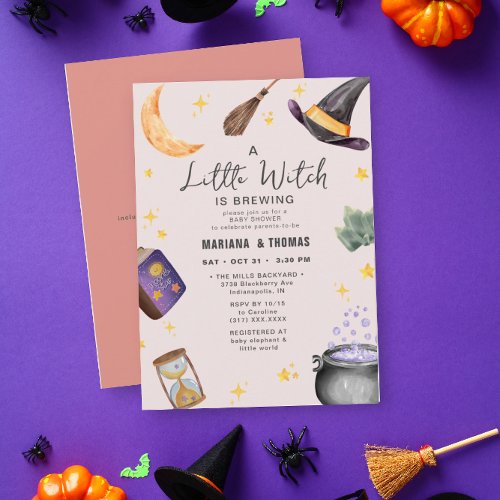 A Little Witch Brewing Girl Halloween Baby Shower Invitation