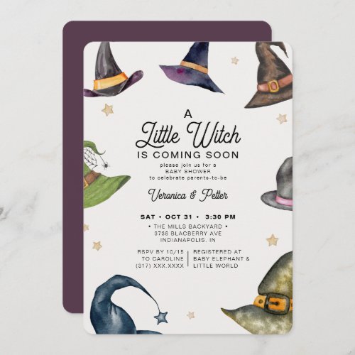 A Little Witch Girl Purple Halloween Baby Shower Invitation