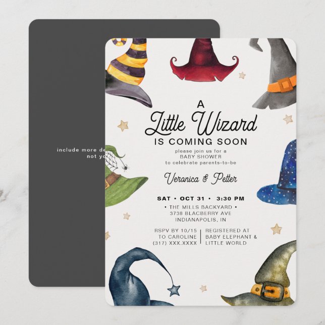 A Little Wizard Boy Gray Halloween Baby Shower Invitation (Front/Back)