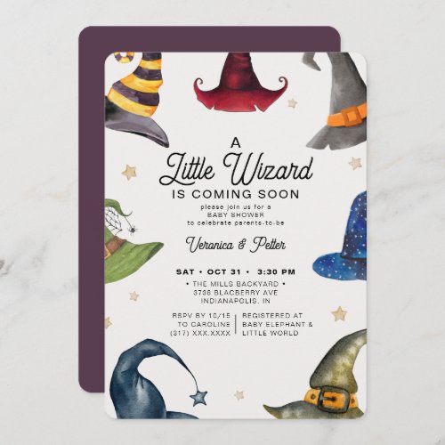 A Little Wizard Boy Purple Halloween Baby Shower Invitation